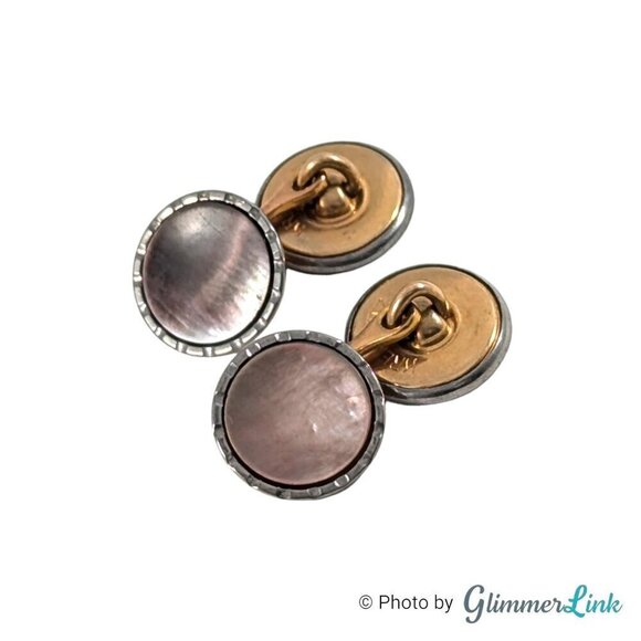 Art Deco Krementz Double Sided Round Mother of Pearl Gold Plated Cufflinks - Picture 4 of 6